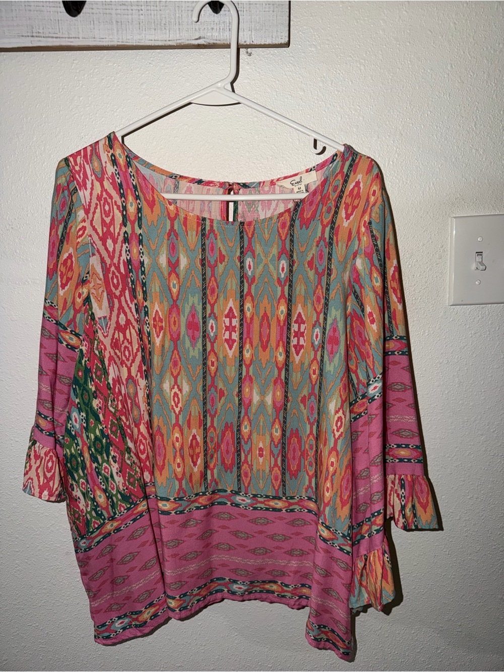 Easel Women's Multicolor Boho Tunic Top in Pink and Teal NWT